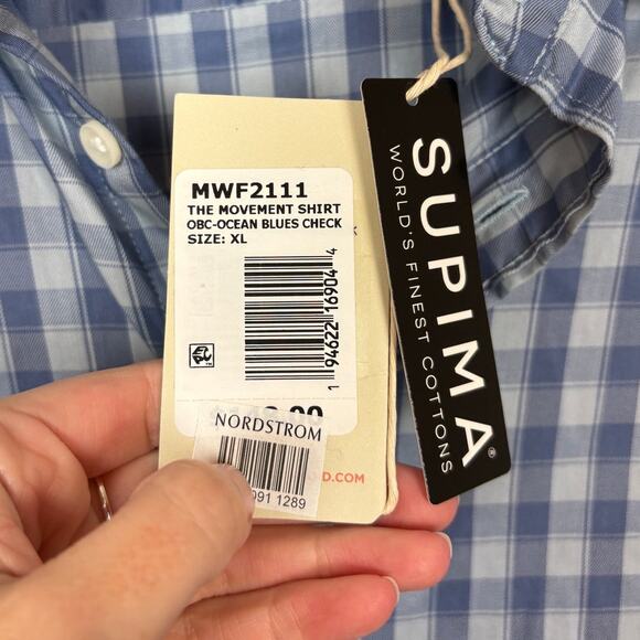 NWT Faherty The Movement Supima Cotton Button Down Shirt in Ocean Blues Check XL - Picture 4 of 6